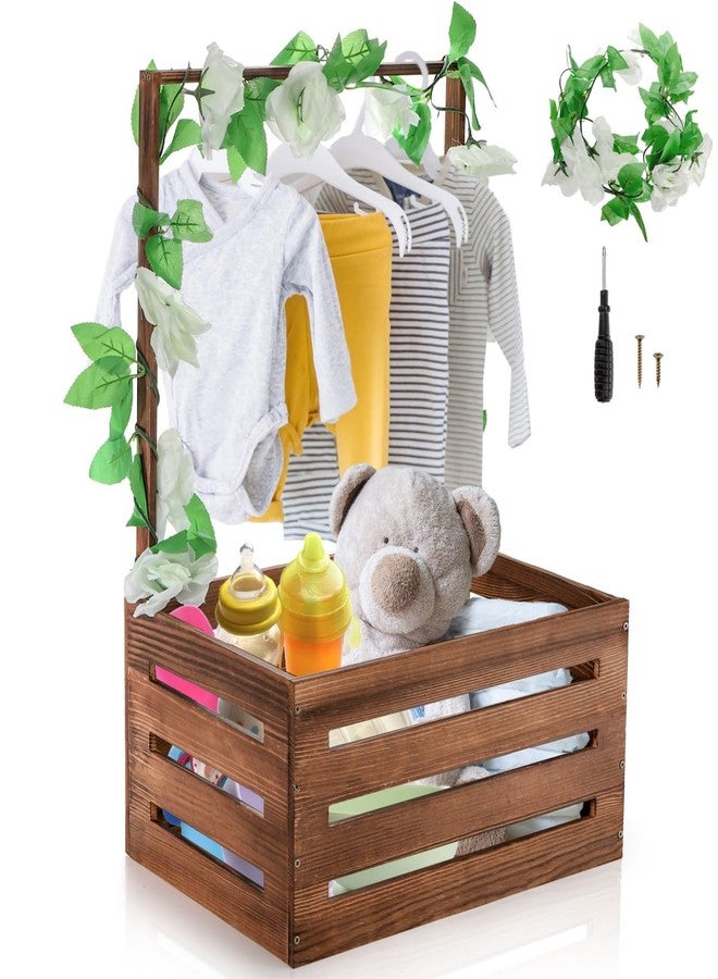 Acshio Baby Shower Crate Closet, Wooden Vintage Storage Crate with Handle Artifical Garland, Large Welcome Gift Hamper Basket for Pregnancy Gifts New Parents - Image 1